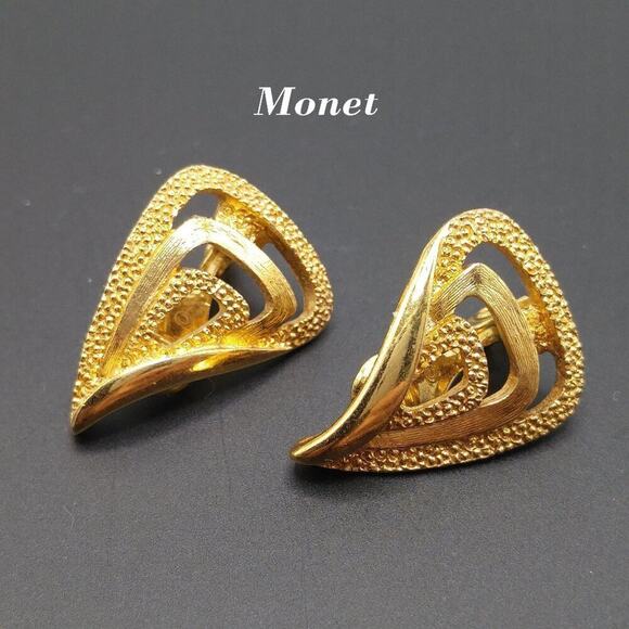 Vintage Monet Gold Plated Clip-on Earrings, Easy Close Clasps - Picture 1 of 8